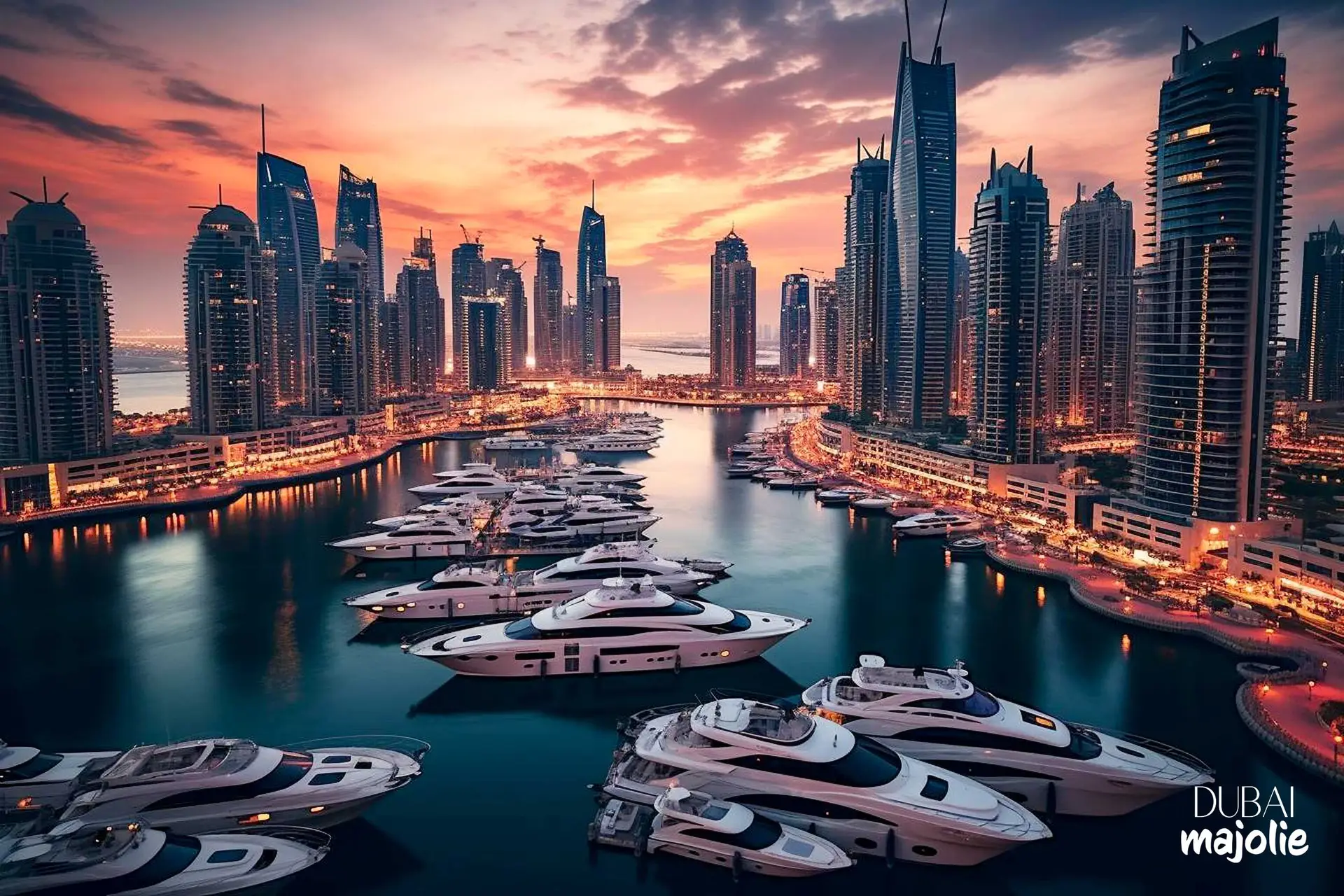 Vue de Dubai Marina avec yachts, gratte-ciels et promenade animée.