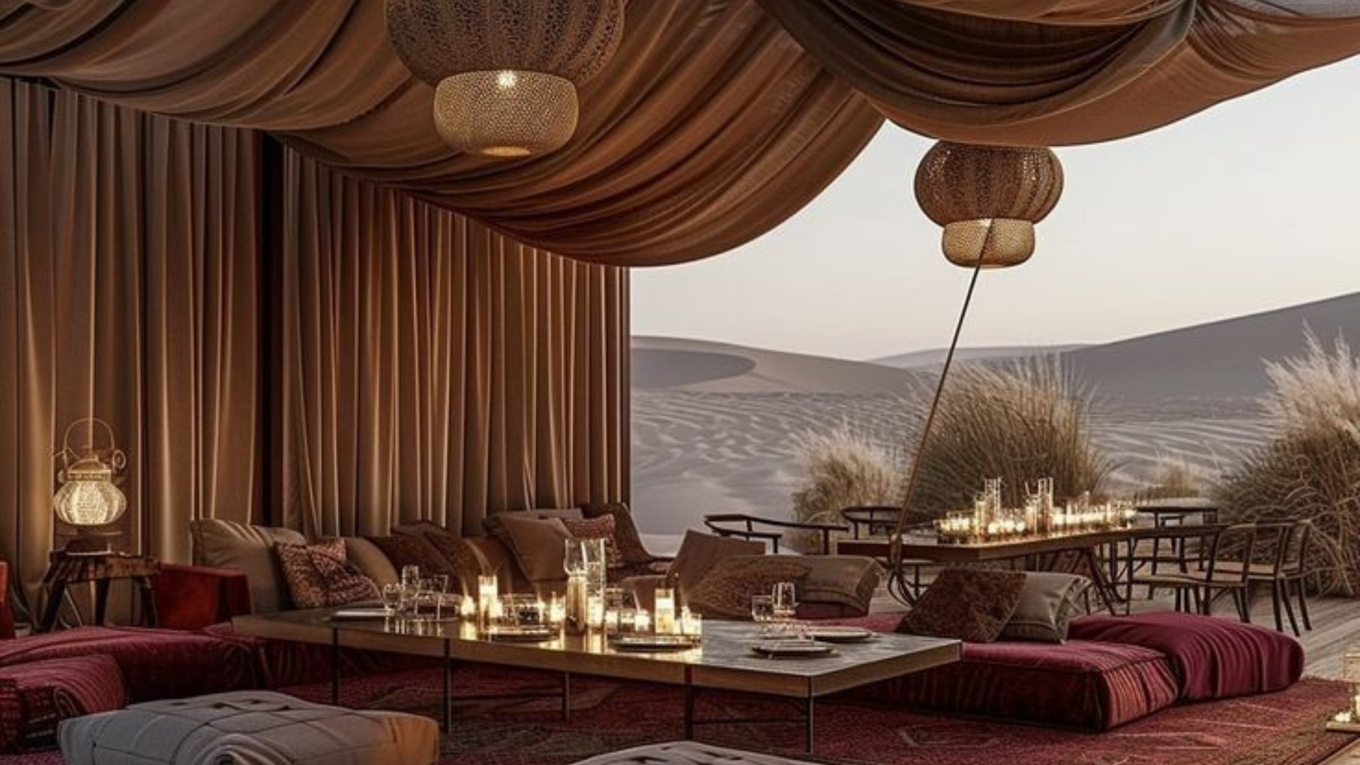Une vue spectaculaire des meilleures expériences de camping dans le désert de Dubaï, au coucher de soleil.