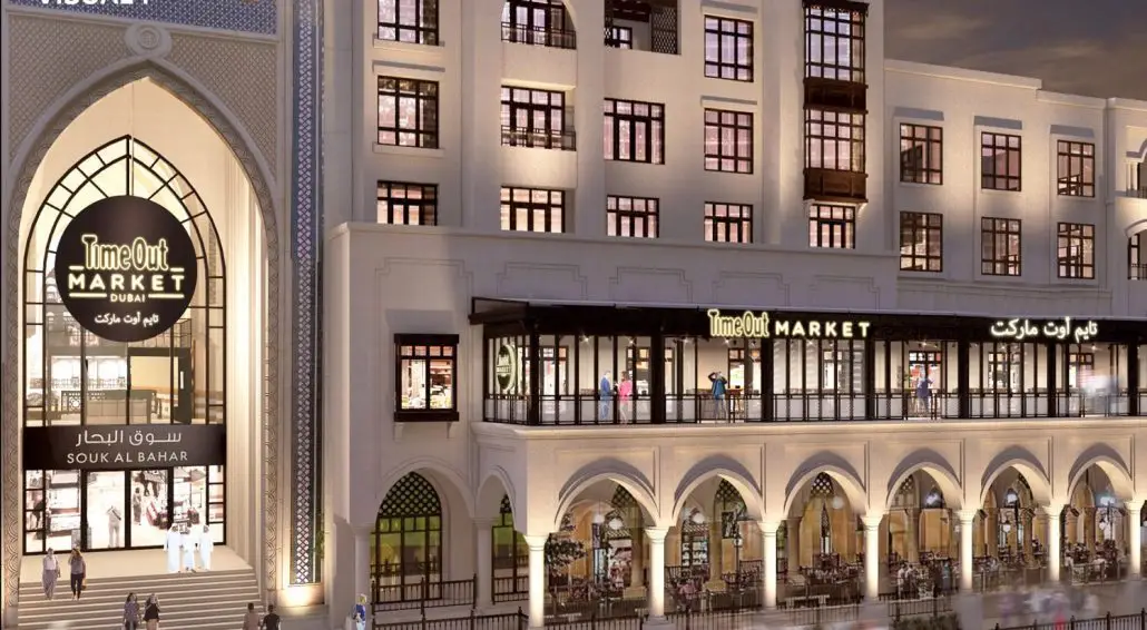 Vue du Time Out Market Dubai avec Burj Khalifa en arrière-plan.